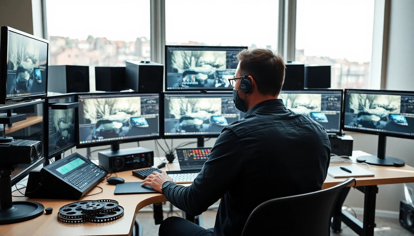 Showcasing post-production & editing process in a vibrant, modern workspace with high-tech gear.