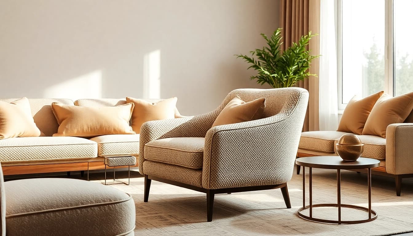 Bekijk stijlvolle bouclé stof op een elegant gestoffeerde stoel in een warme woonkamer.