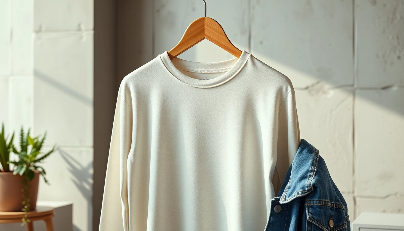 Showcase a cozy blank crewneck hanging elegantly against an urban backdrop, highlighting its versatility.