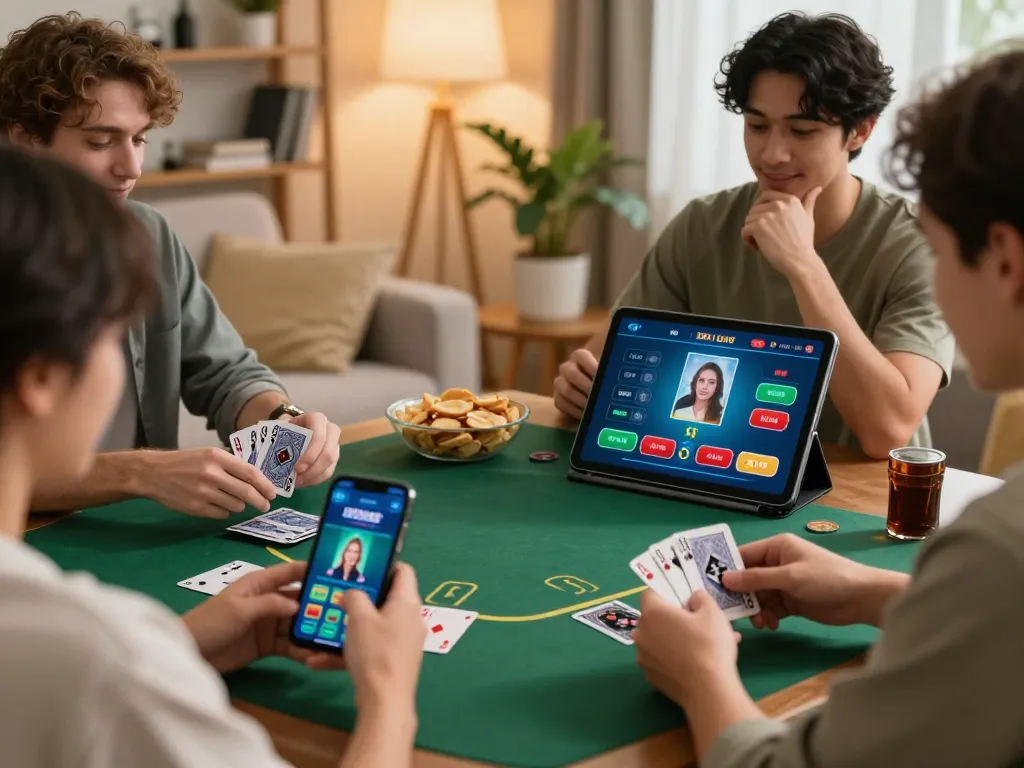 Players enjoying an online blackjack game with the 12PLAY app in a cozy living room