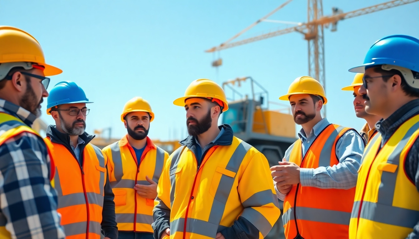 Construction safety training session with workers in helmets discussing safety protocols.