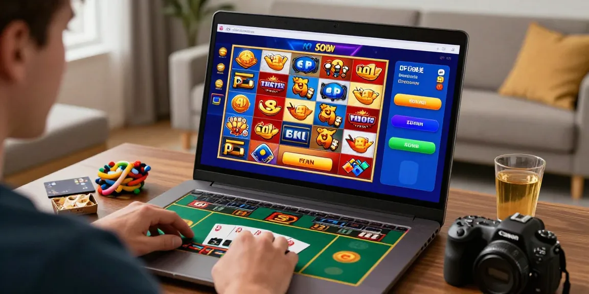 Engaging player at credit card casinos enjoying online gaming with vibrant slot graphics and promotions.