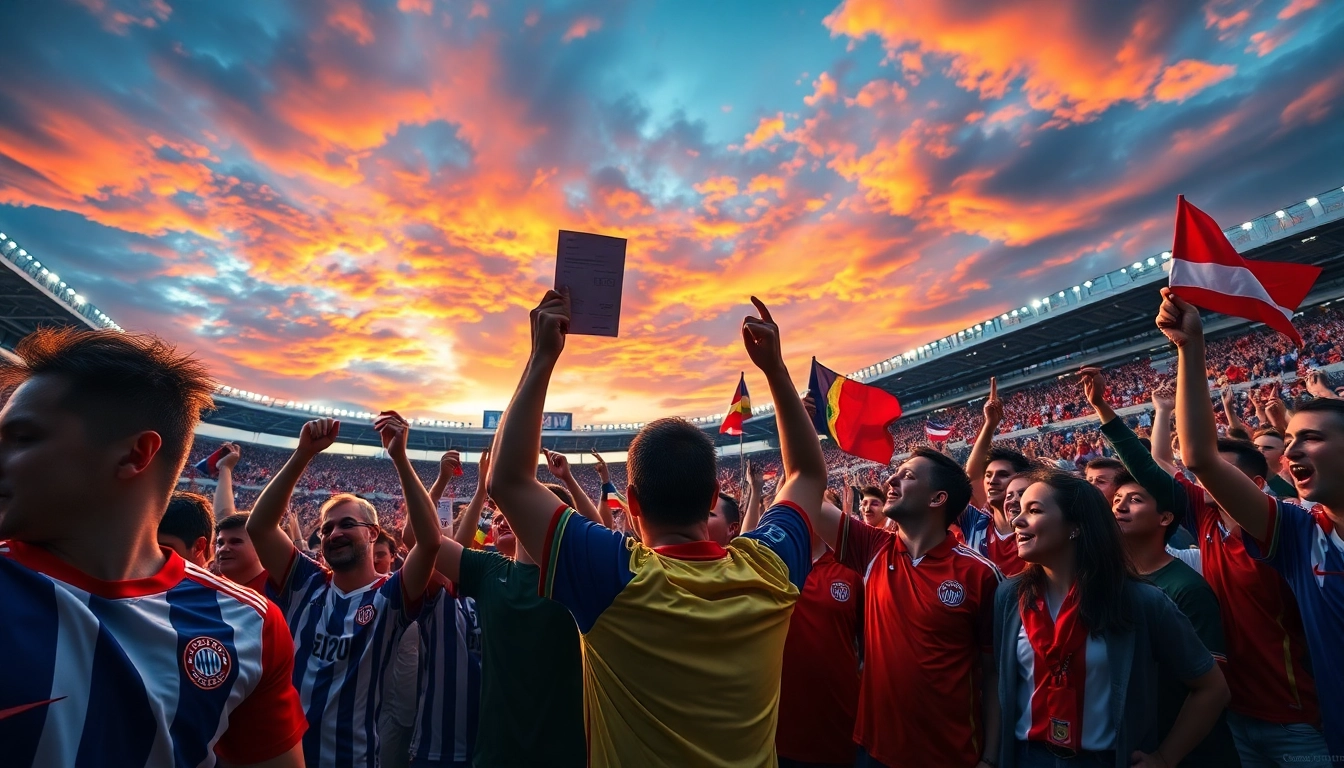 Excited crowd engaged in FIFA World Cup betting during a lively soccer match event.