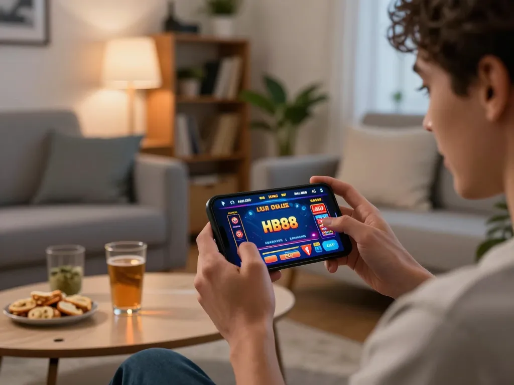 Engaging with the HB88 app for online gaming in a cozy home setting.