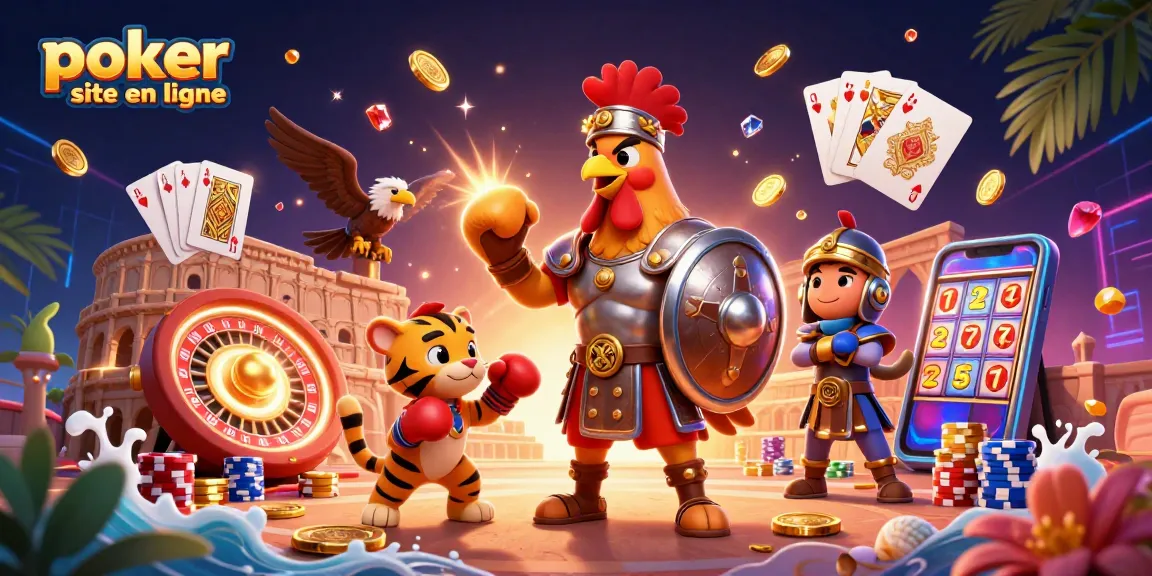 Jouez sur le site de poker en ligne avec des personnages en 3D et des éléments de jeu captivants.