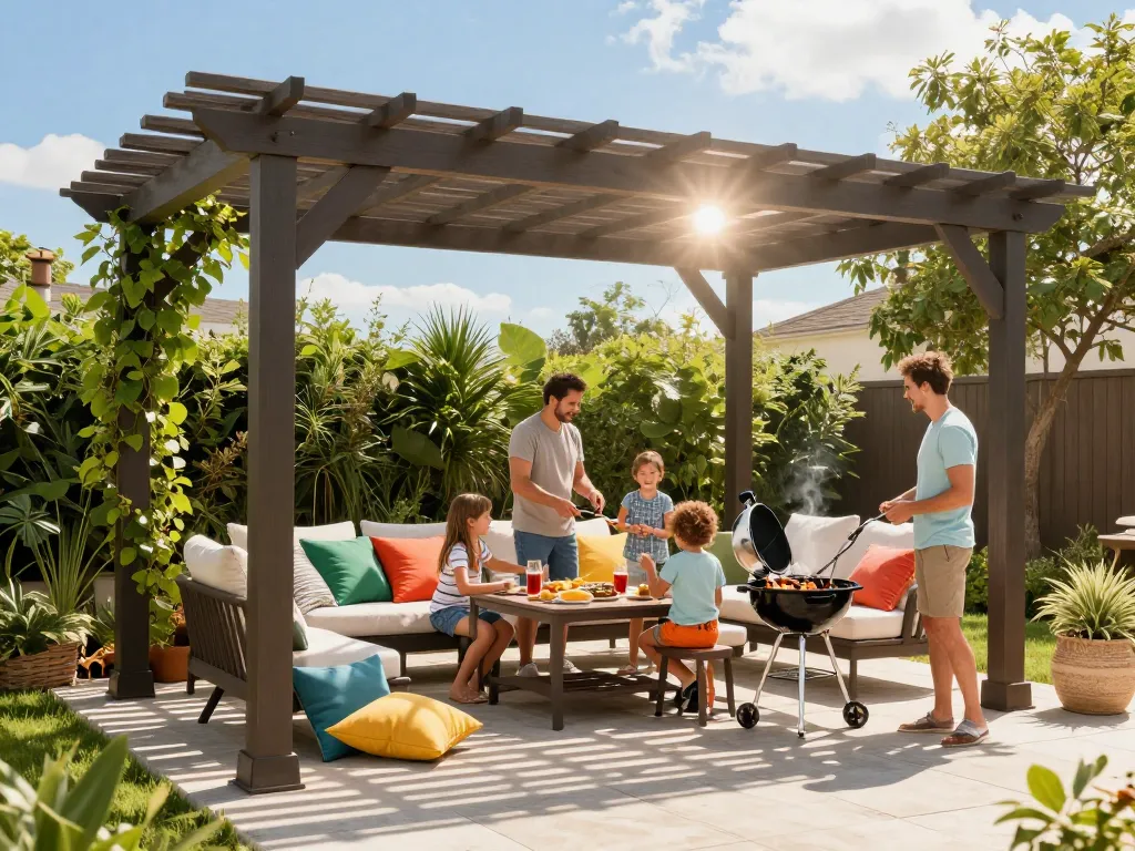 3D pergola configurator showcasing a family enjoying outdoor living with a beautifully designed pergola, lush greenery, and vibrant atmosphere.