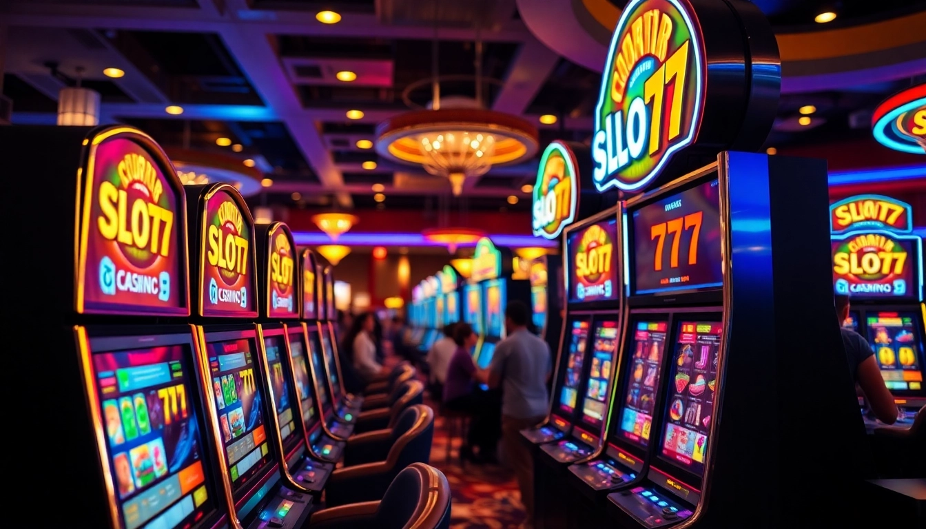 Slot77 menarik perhatian pemain dengan mesin slot yang cerah dan suasana kasino yang energik.