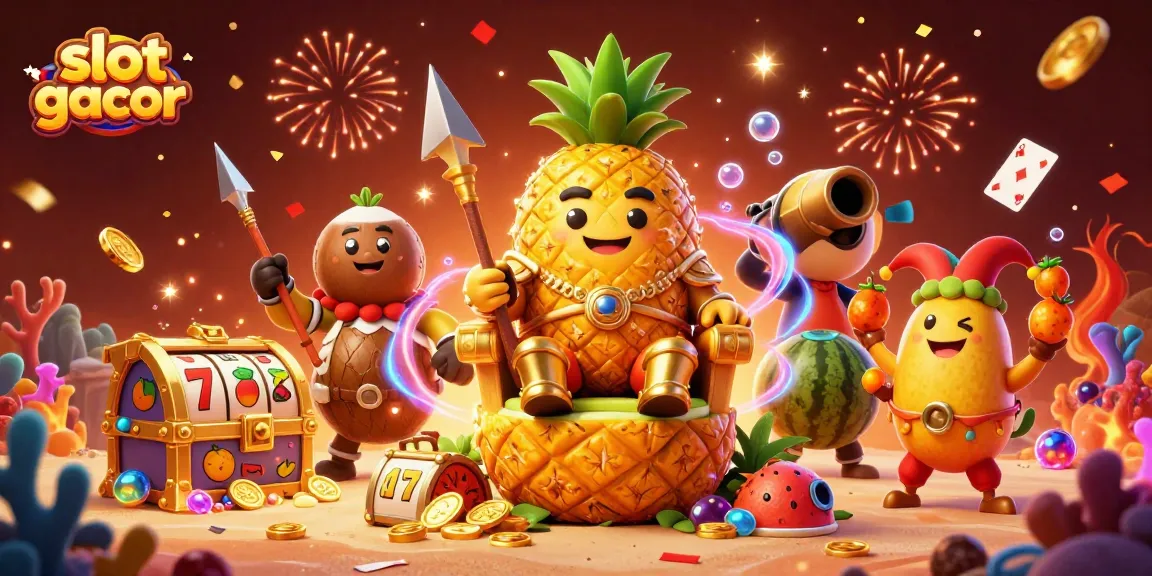 Experience thrilling slot gacor action with our tropical casino king surrounded by vibrant game elements.