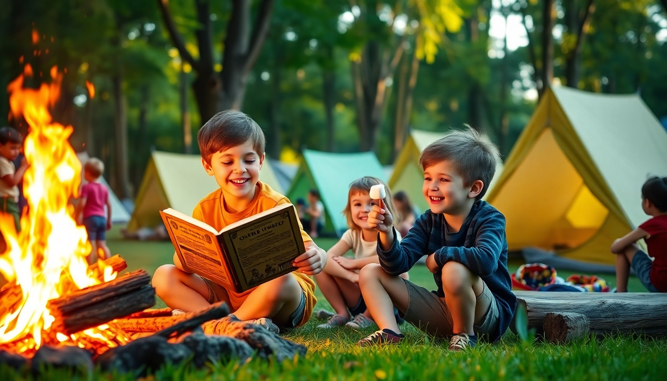 Children celebrating their first time at overnight camps by a campfire enjoying marshmallows.