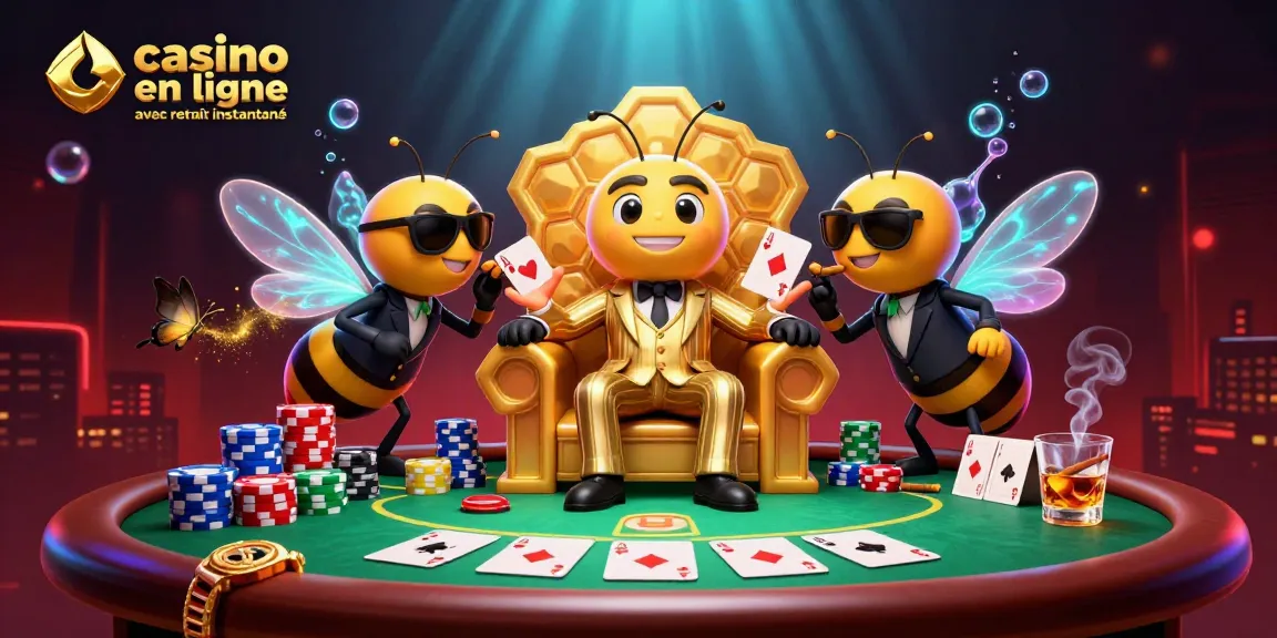 Illustration dynamique de jeu de casino en ligne avec retrait instantané montrant un boss abeille et des éléments de poker.