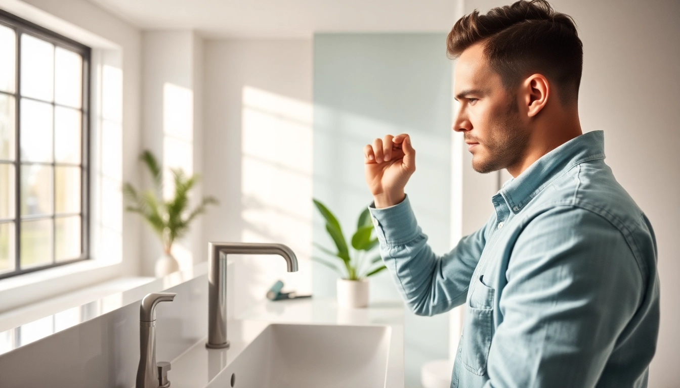 Monteur von sonni sanitär GmbH installiert hochwertige Badezimmerarmaturen in modernem Raum.