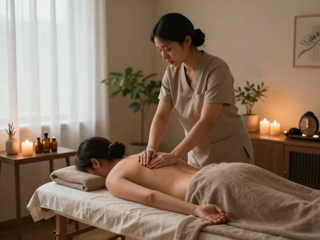 Client receiving a 부전동마사지 in a serene therapy room with calming decor.