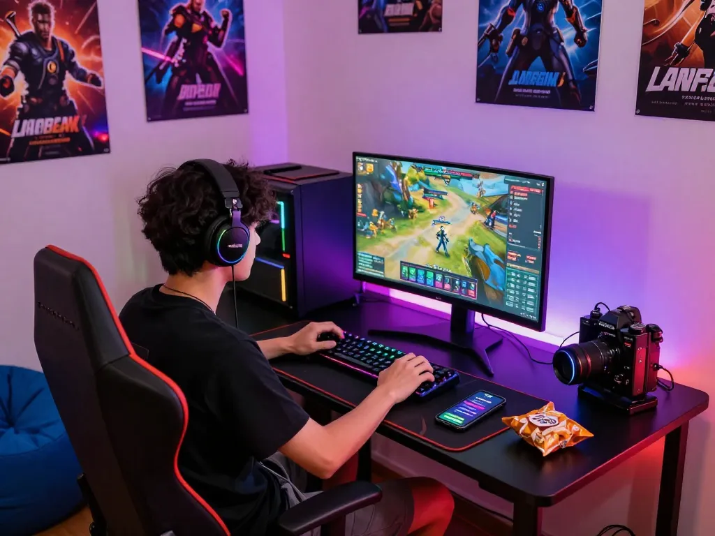 Setup gaming menarik yang menampilkan antarmuka online LAOBAN188 dengan lampu LED yang cerah dan aksesori modern.