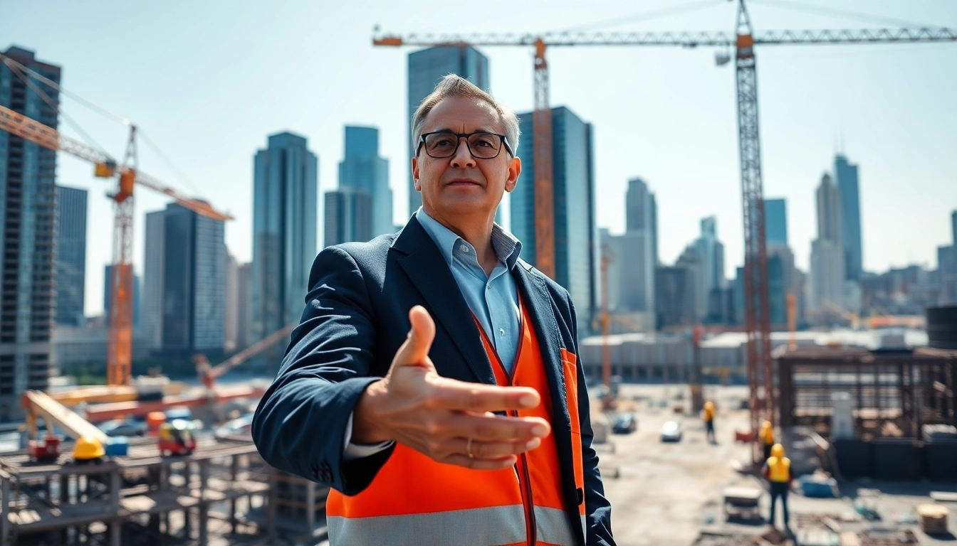 New York Construction Manager interacting with a construction crew on a busy site.