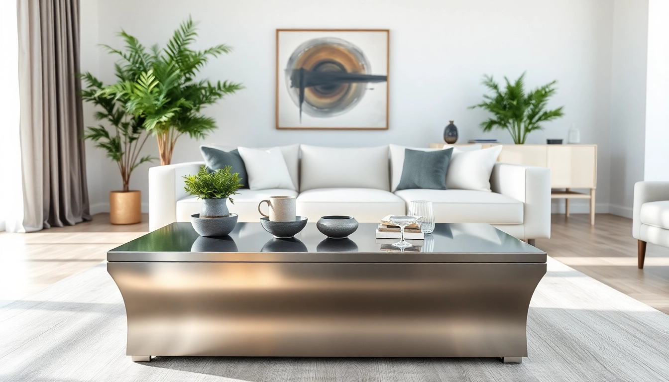 Stainless steel furniture showcased in a modern living room with elegant design features.