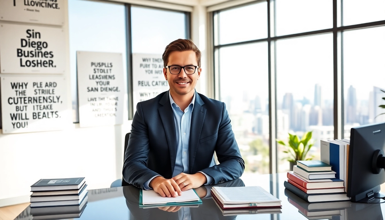 Business coach San Diego guiding a client in a professional office setting filled with motivation.