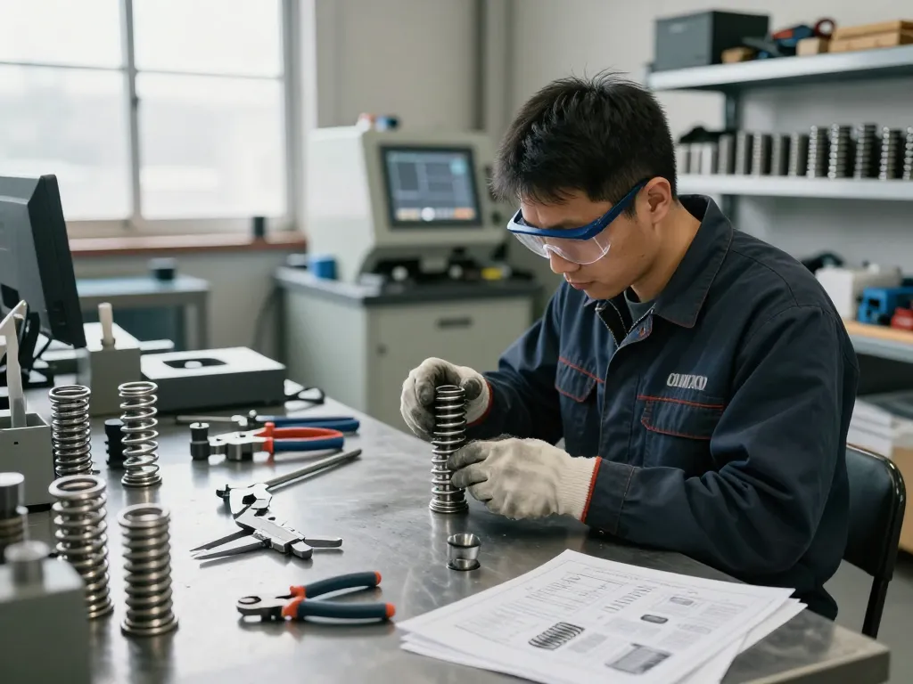 Tehnician asamblând arcuri inox într-un atelier industrial bine iluminat, cu unelte și planuri.