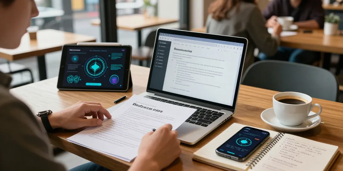 Cloud mining crypto study scene with laptop, DeFi documentation, and digital wallet in a coffee shop.