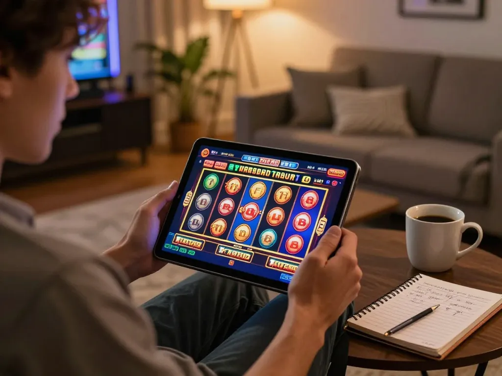 Player winning on a tablet with link slot gacor displayed, highlighting engaging online casino gaming.
