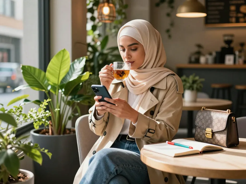 Model in soft Modal hijab enjoying tea in stylish cafe, showcasing contemporary fashion trends.