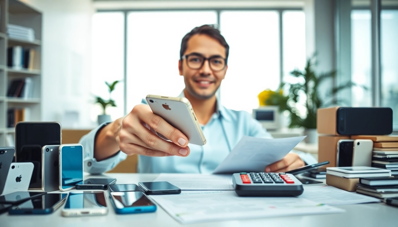 Sell iPhone for cash with a professional agent handling a transaction in a bright office.