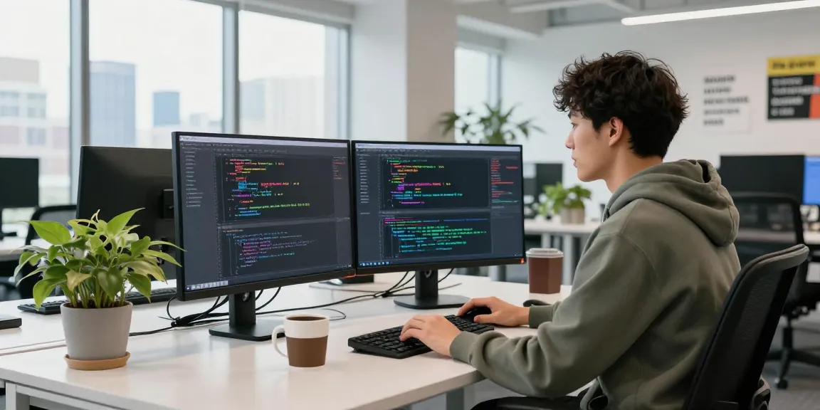 Innovative workspace showcasing a developer coding with crushon software tools in a vibrant, modern office setting.
