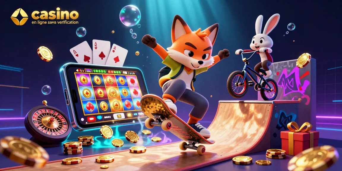 Découvrez le monde du casino en ligne sans vérification avec un renard skateboarder dynamique et un lapin BMX à vos côtés, entourés de symboles de jeu.