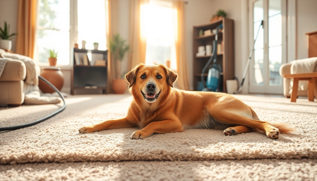 Experience pet odor carpet cleaning in a bright living room, showcasing a cozy atmosphere and cleaning tools.