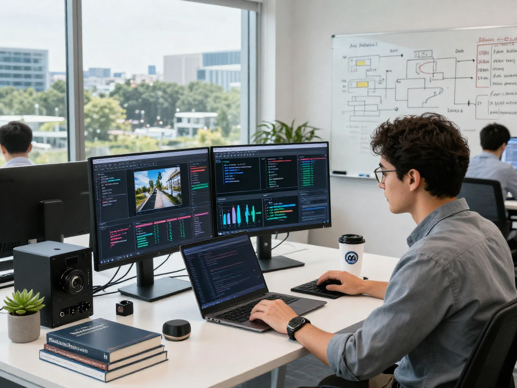 AI image detector in a tech workspace with real-time moderation analytics and coding tools.