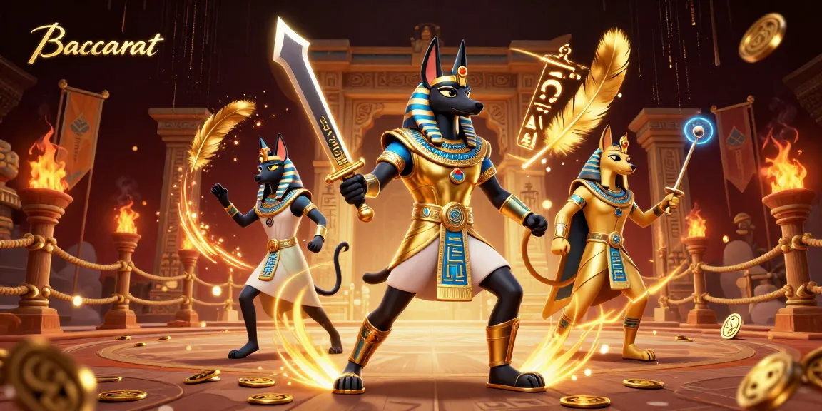 Baccarat game scene with Anubis and Bastet in a rich casino atmosphere filled with tokens and dynamic effects.
