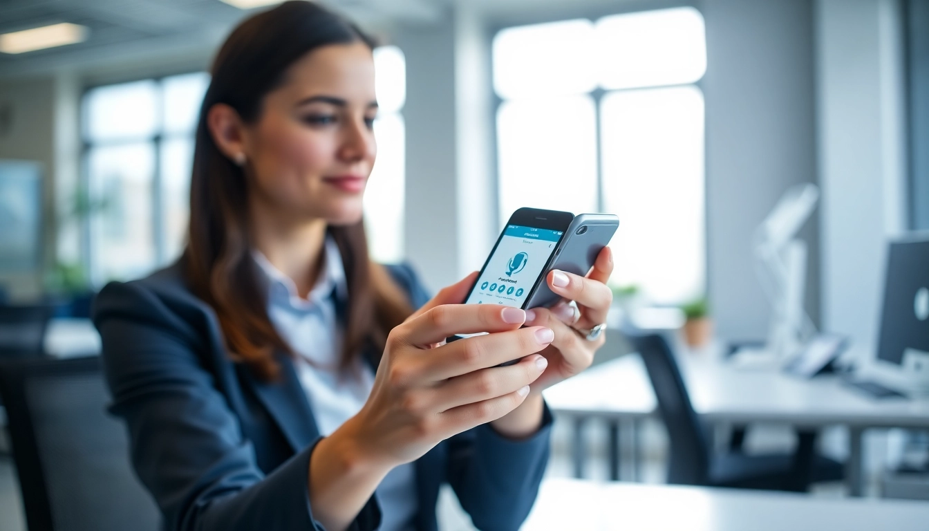 Capture a businesswoman efficiently using call recording on her smartphone in a modern office setting.