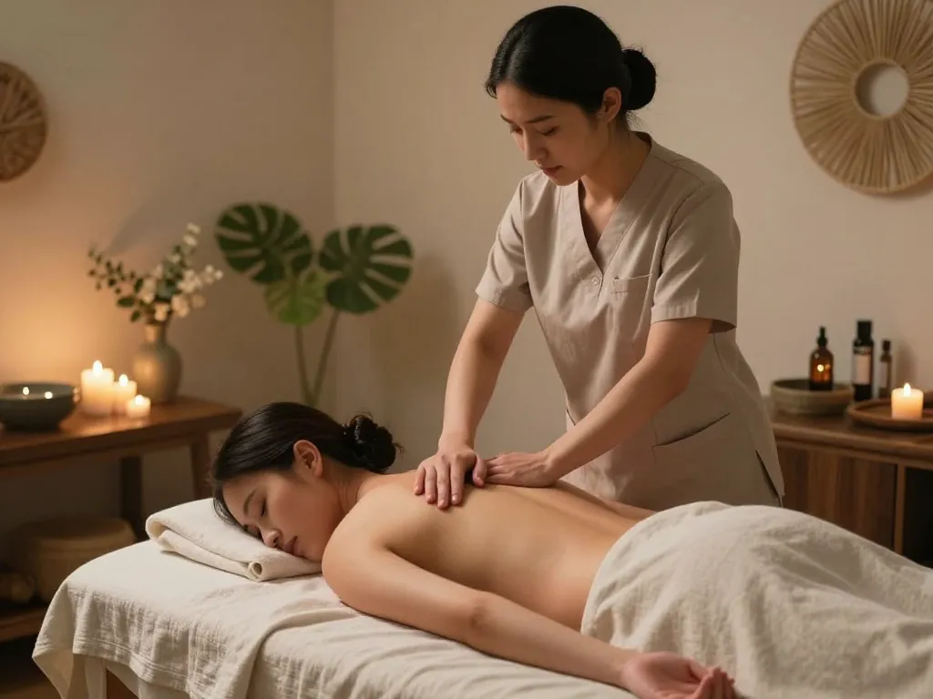 Relaxing scene of a therapist providing a Swedish massage in a serene environment, showcasing the essence of 잠실스웨디시 wellness.