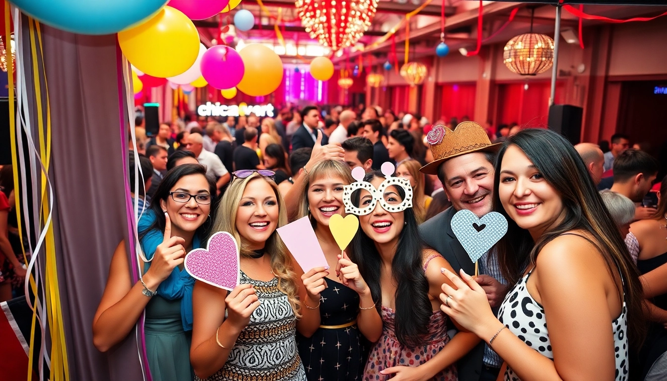 Guests enjoying a photo booth chicago experience with colorful props at a joyful event.