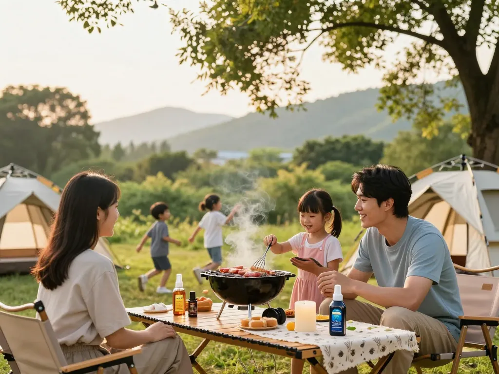 Family enjoying a barbecue outdoors with mosquito repellent sprays for protection.