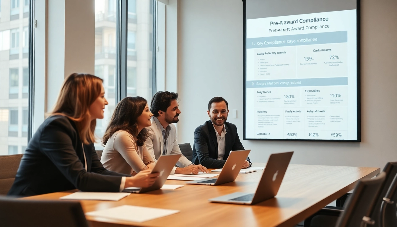 Discussing grants and pre-post award compliance with a collaborative team in a modern office.