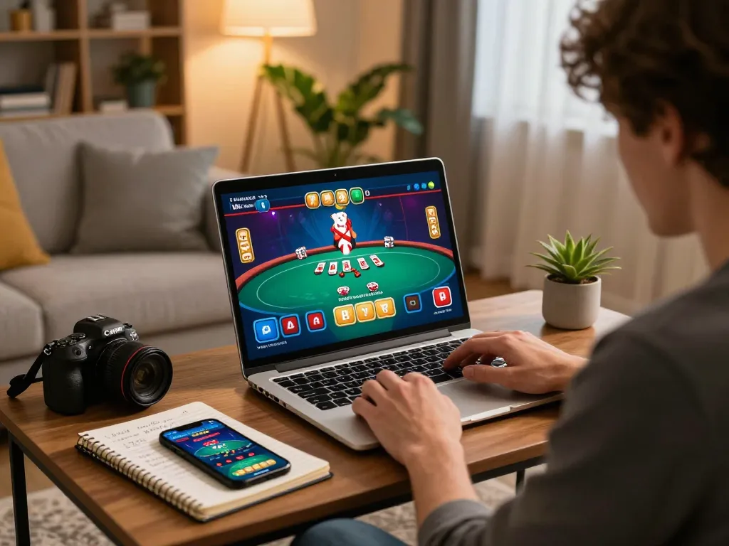 Player engaged with Canada online casinos reddit on laptop, strategy notes spread in welcoming home setting.