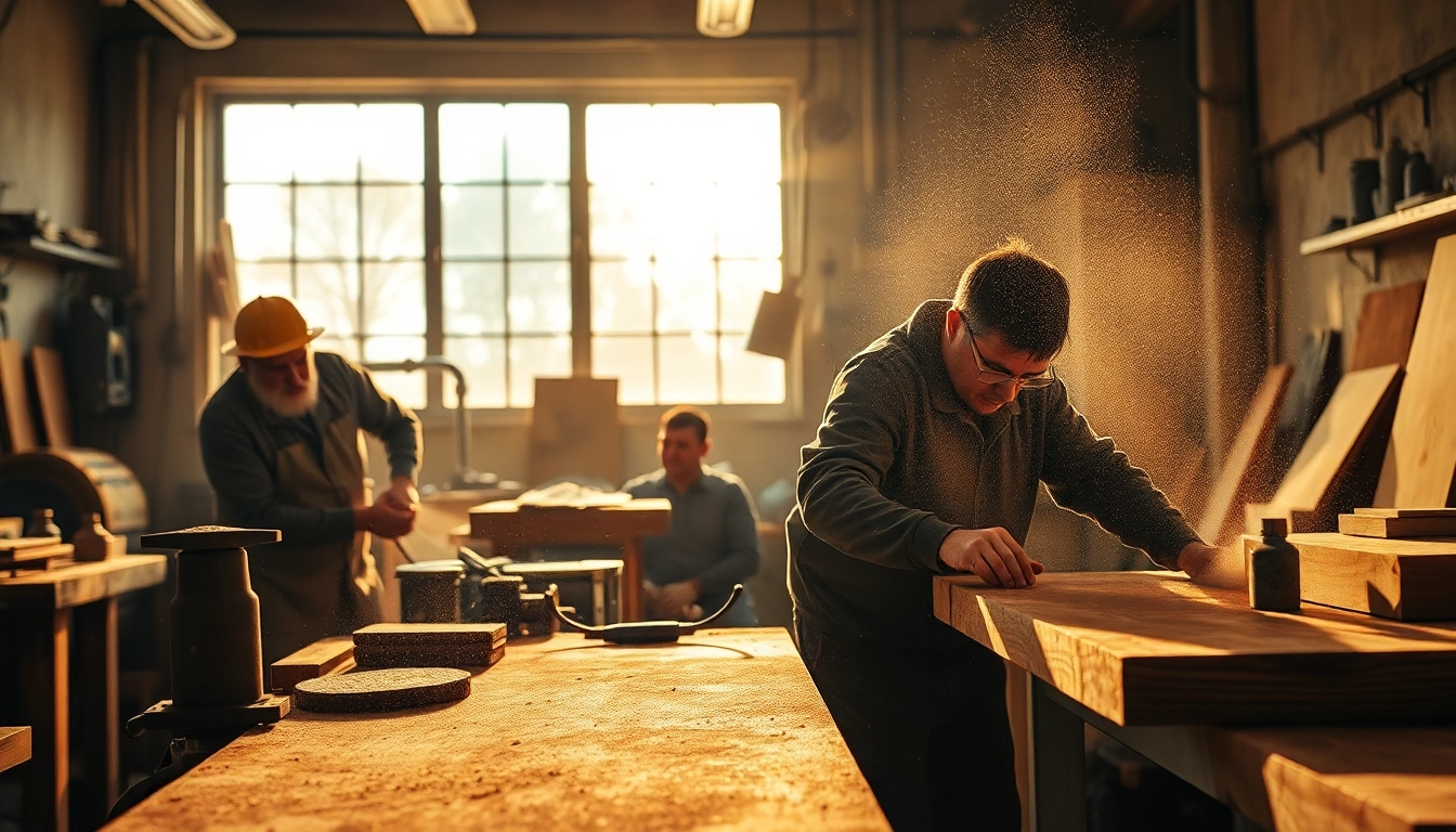 Artisans using lija 3M to sand surfaces in a warm workshop.