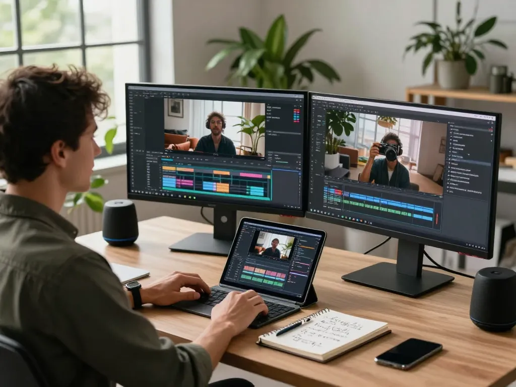 Engaged user utilizing a video to promptgenerator in a modern tech workspace.