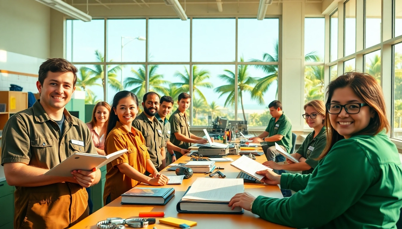 Students actively learning and practicing skills at hawaii trade schools in a vibrant classroom.