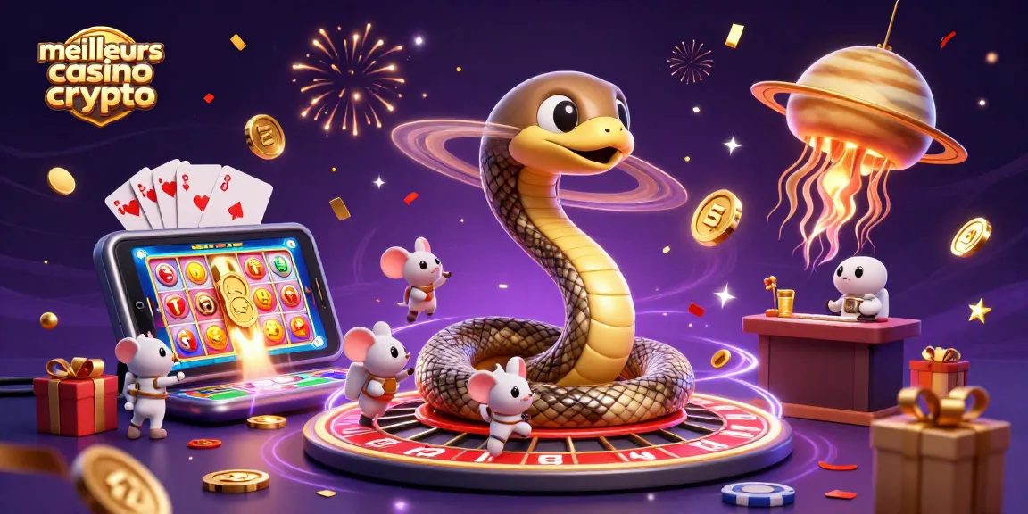 Les meilleurs casinos crypto illustrés avec une scène dynamique de jeu, montrant des personnages animés et des éléments de casino.