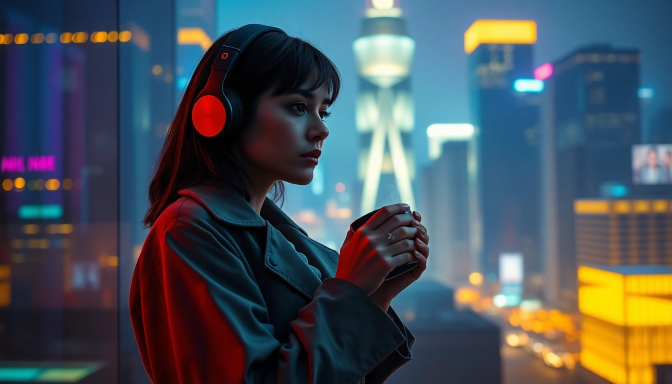 Image to prompt ai: woman with headphones in a cityscape at night