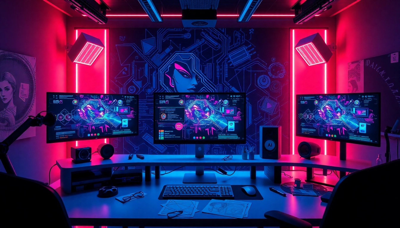 Futuristic workspace for nsfw ai content creation with high-tech tools and digital interfaces