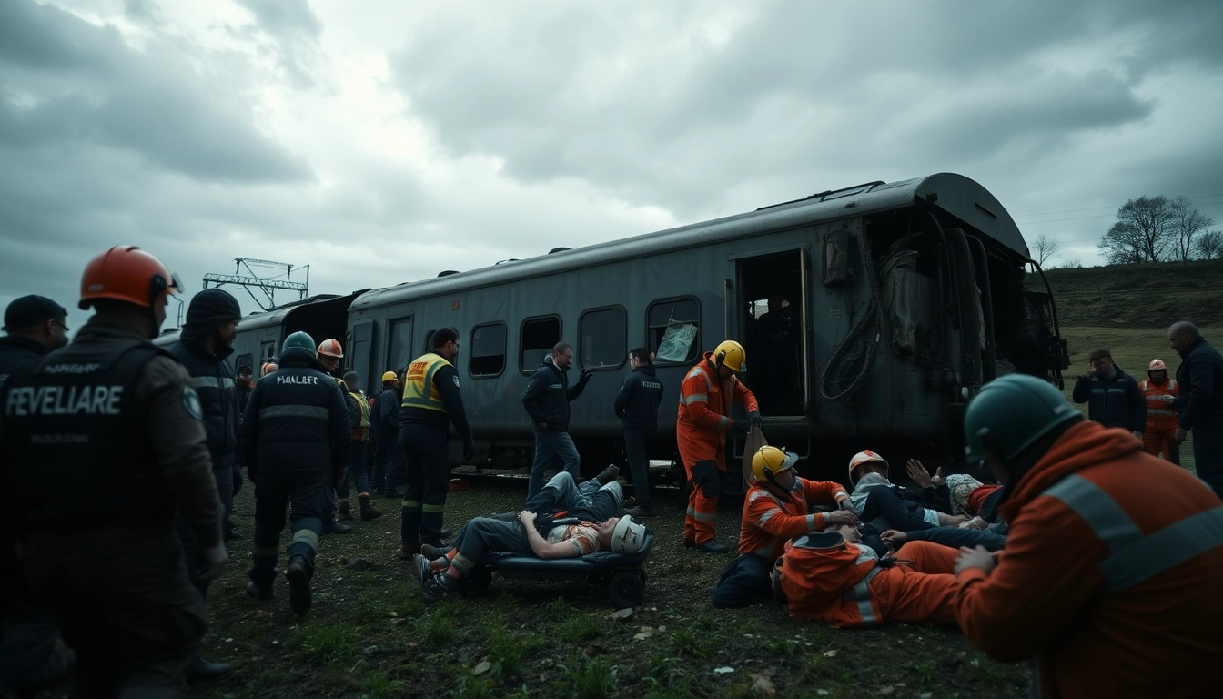 Emergency responders work at the scene of the Spain train crash, highlighting the chaos and urgency.