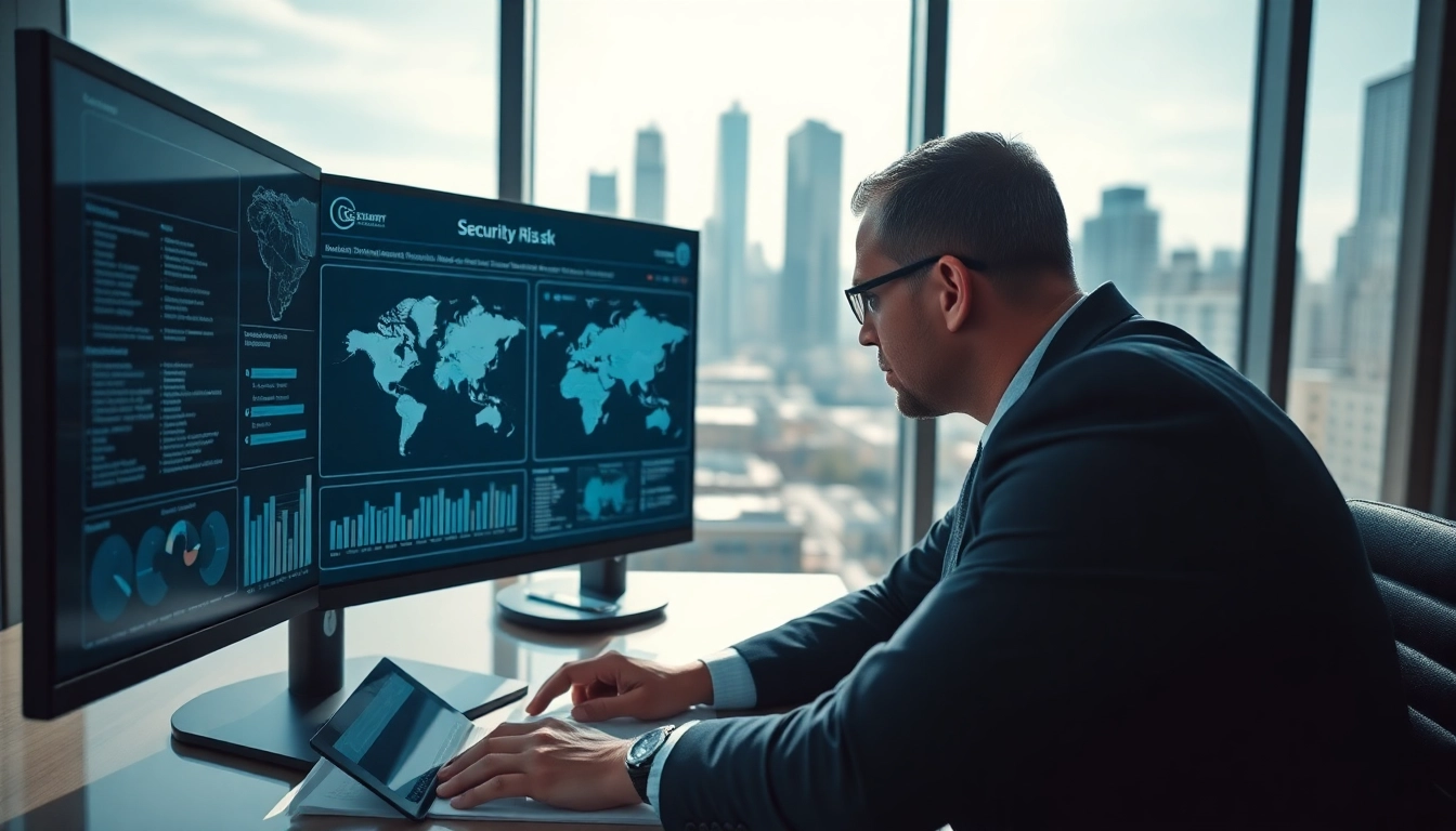 Analyze National Security Risk displays data trends in a modern office setting.