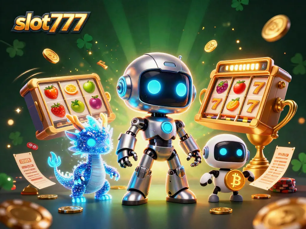 Menangkan jackpot di slot777 dengan robot cyberpunk dan simbol keberuntungan dalam ilustrasi 3D.