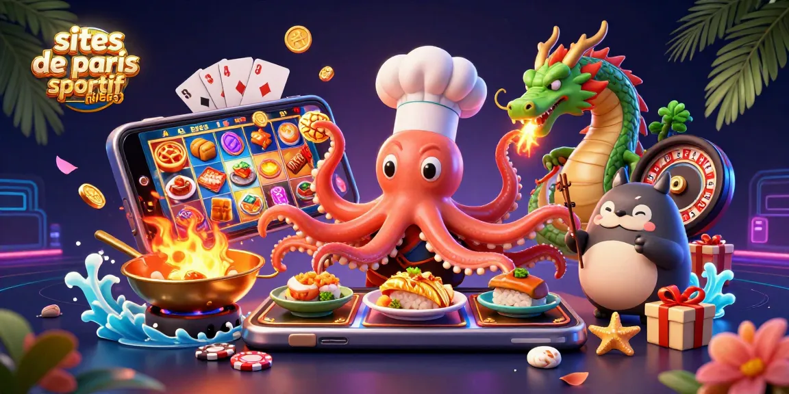 Jouez sur des sites de paris sportif fiables avec une scène colorée intégrant un chef octopus cartoon, un dragon et un client tanuki.