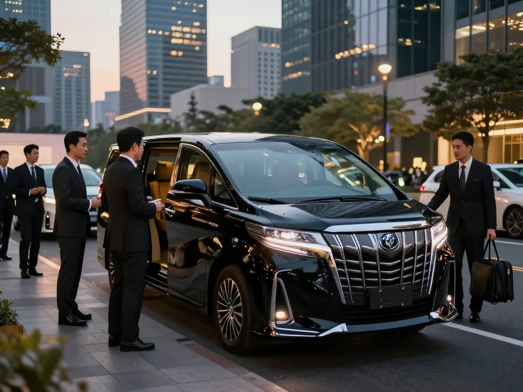 Cho thuê xe Toyota Alphard trong một không gian đô thị sang trọng, thể hiện sự thanh lịch và tinh tế với một tài xế chuyên nghiệp hỗ trợ khách hàng.