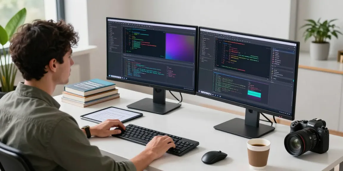 Tech workspace with coding screens and developer focusing on WhatsApp下載.