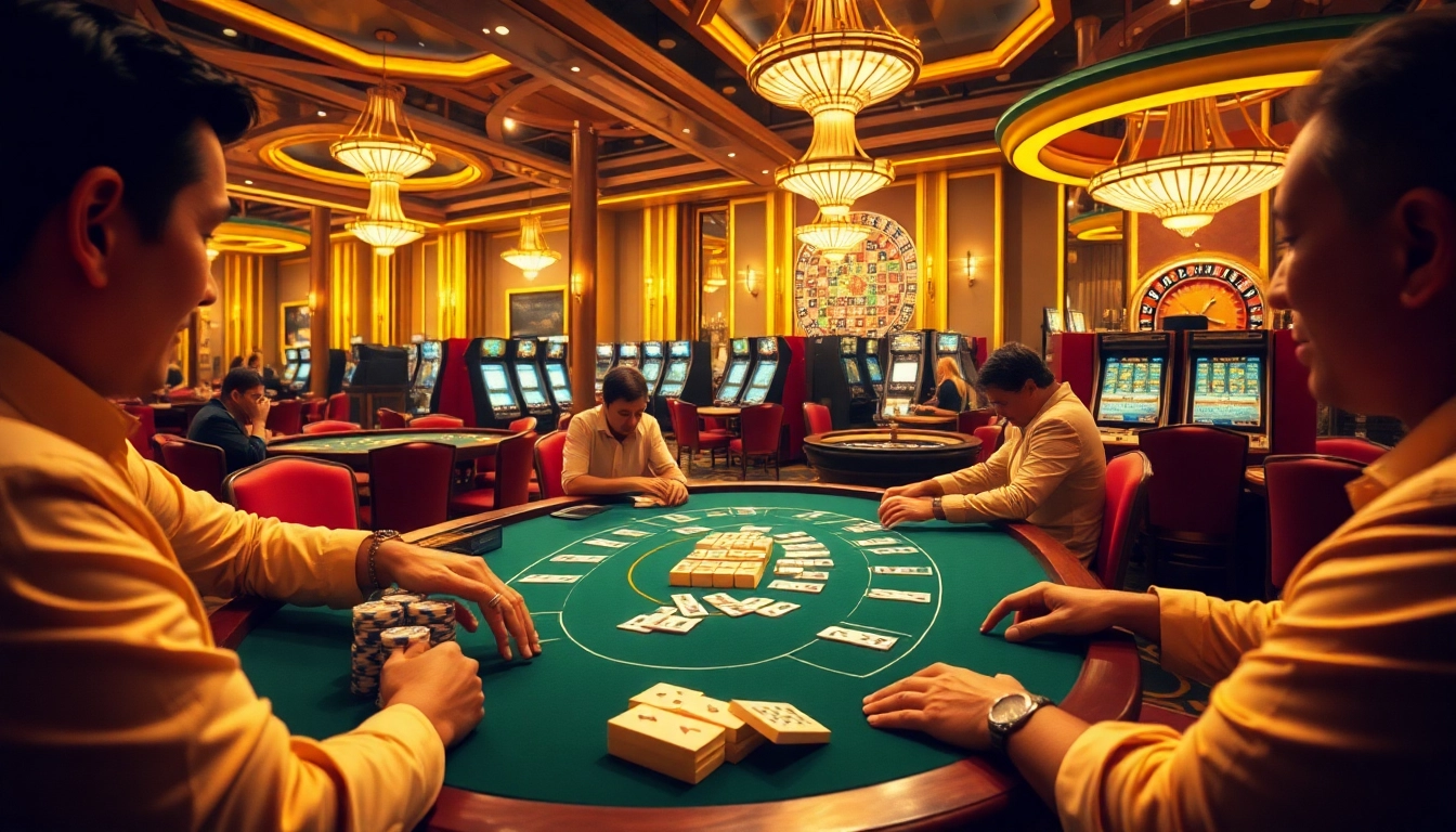 Experience the excitement of link mahjong in a bustling casino, showcasing intense poker gameplay and vibrant slot machines.
