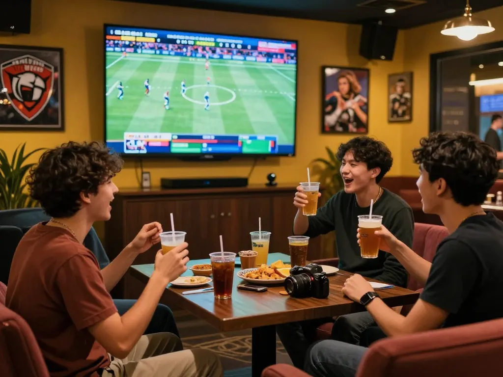 Excitement of sports betting at casino hubet88 with friends discussing strategies and cheering.